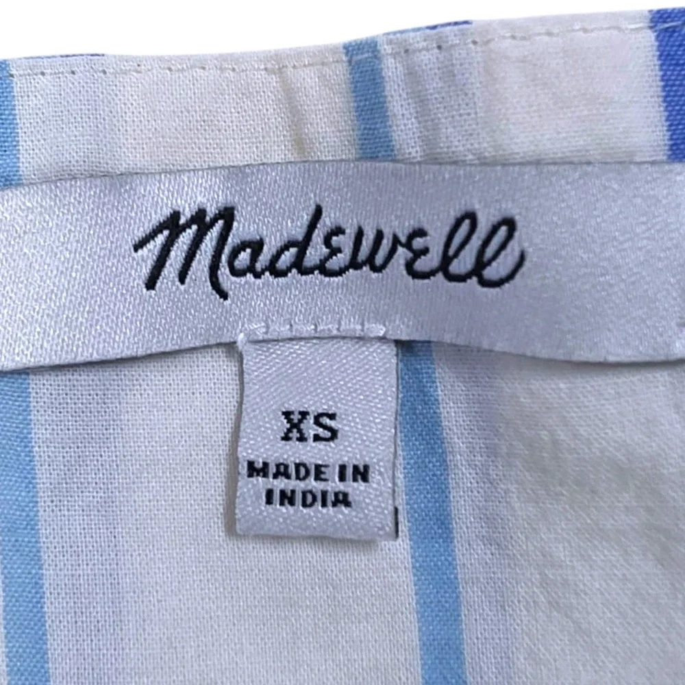 Madewell Womens XS Blue White Striped Floral Embroidered Square Neck Cotton Top